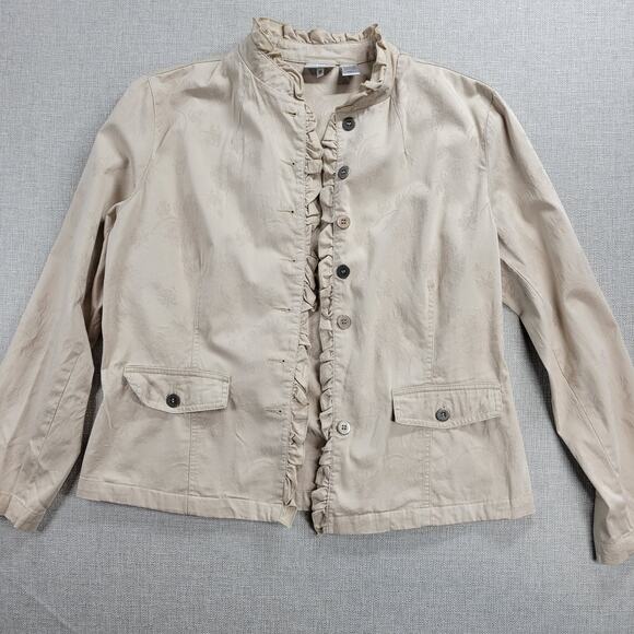 Chico's Womens Jacket Size 1 Beige Mock Neck Button Up Ruffled Trim Long Sleeve - Picture 12 of 16